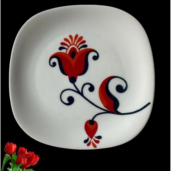 VTG 70s Block Langenthal Transition Bread Plates 6 piece Red Floral Pop Art - Picture 4 of 12